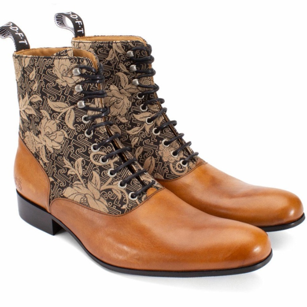 John Fluevog Executor Castellano tan leather & black jacquard lace up boot. Men7